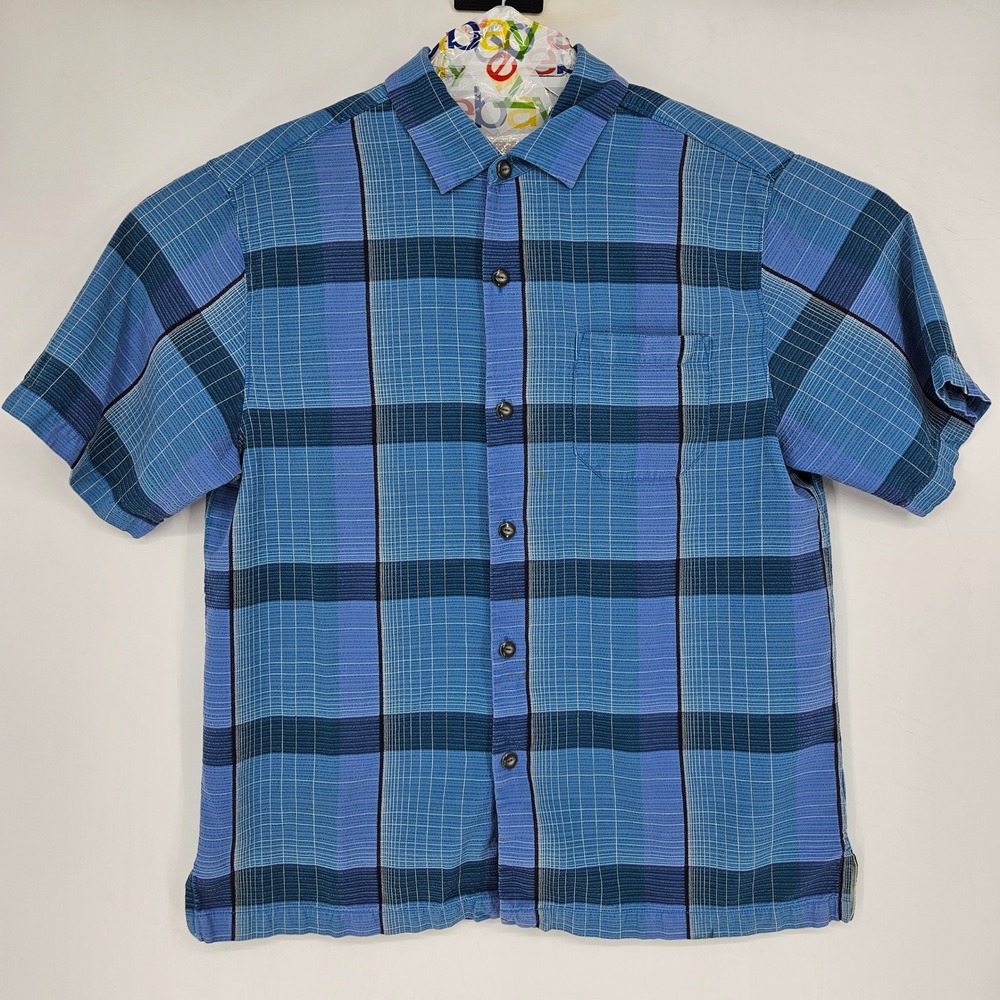 Tommy Bahama Shirt Mens Large Silk Plaid Button Up Blue Short Sleeve FLAWS